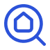 Icono circular azul de casa con lupa - representa servicios de búsqueda de alojamiento para estudiantes internacionales